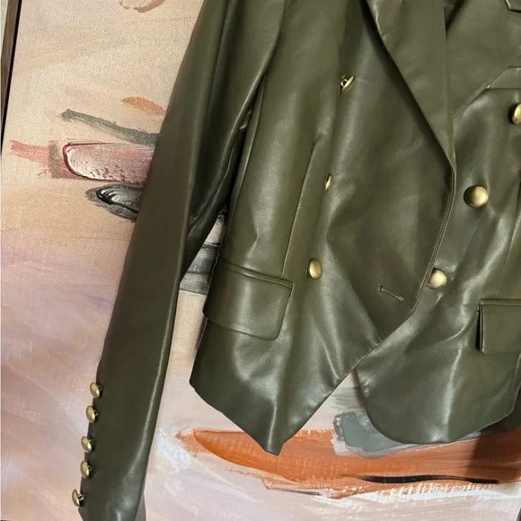 Avec Les Filles  Olive  faux Leather Jacket with Gold Buttons - Picture 5 of 11